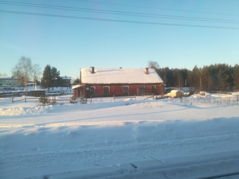 Деревня на поезде из Санкт-Петербурга в Мурманск.