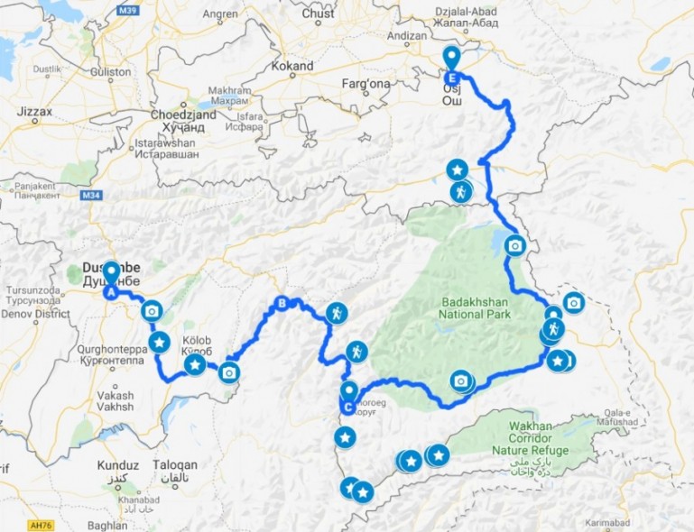 Interactive map of a one week Pamir highway itinerary