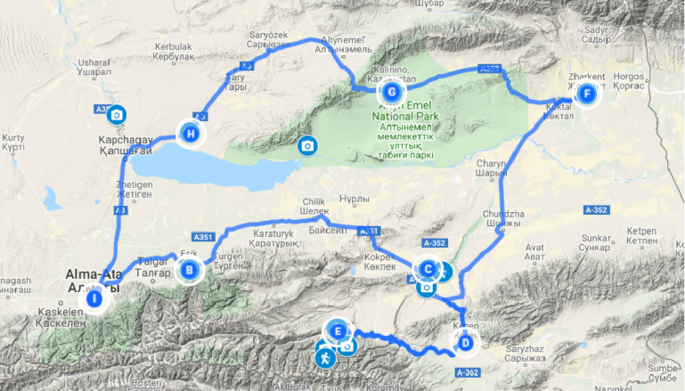 Интерактивная карта недельного маршрута по Казахстану с автопутешествием по Алматы