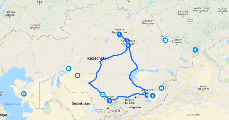 Интерактивная карта 10-дневного маршрута по Казахстану